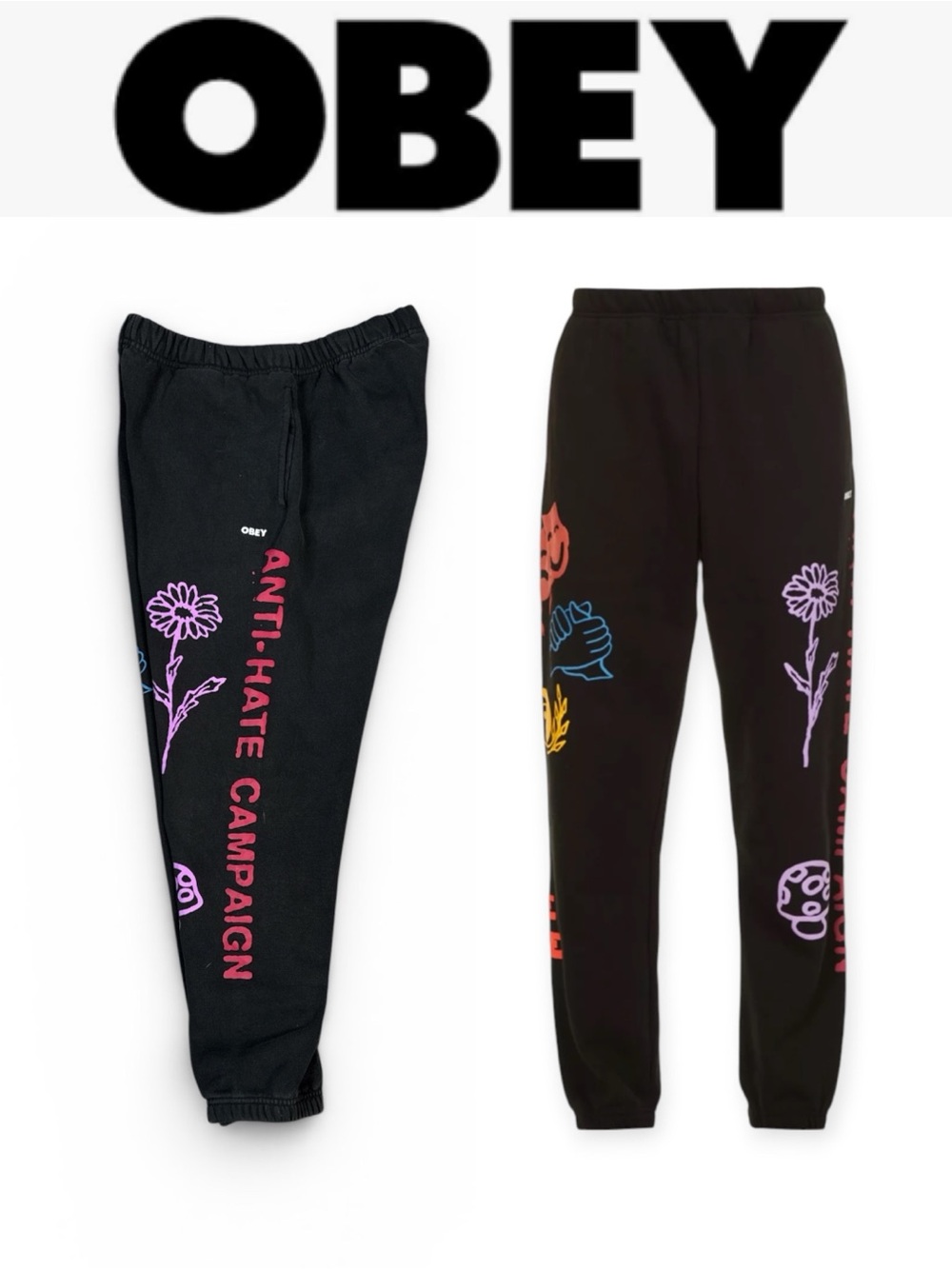 OBEY ANTI HATE UNISEX GRAPHIC JOGGER SWEATPANTS BLACK STREETWEAR PUNK GRUNGE